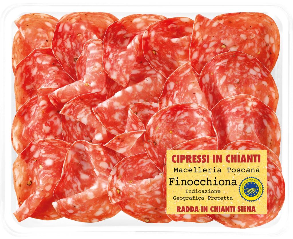 Tuscany salami Finocchiona PGI sliced in tray